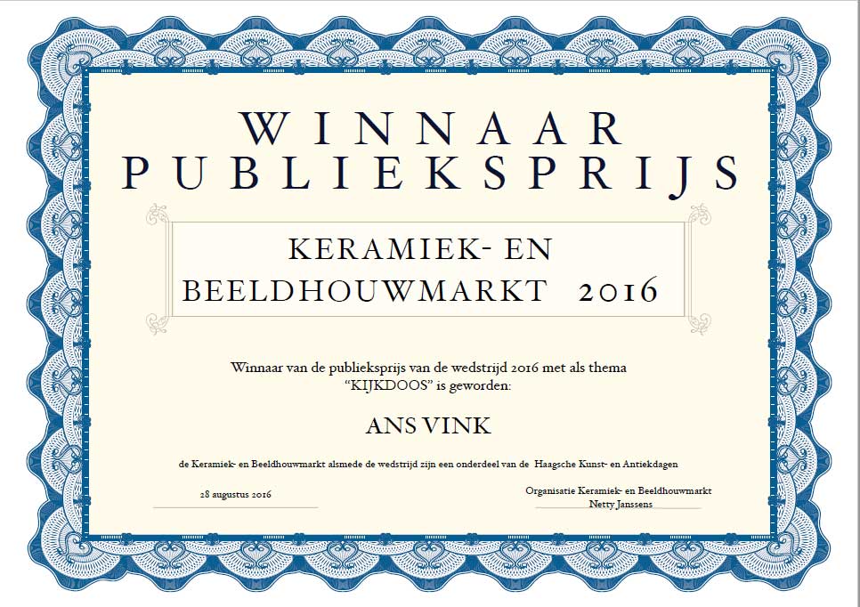 Winnaar publieksprijs augustus 2016 Keramiekmarkt Den Haag